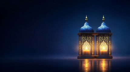 Fototapeta premium Two ornate lamps glow against a dark backdrop