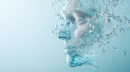 Water droplets forming human facial silhouette against blue backdrop, representing purity, natural elements, fluid transformation