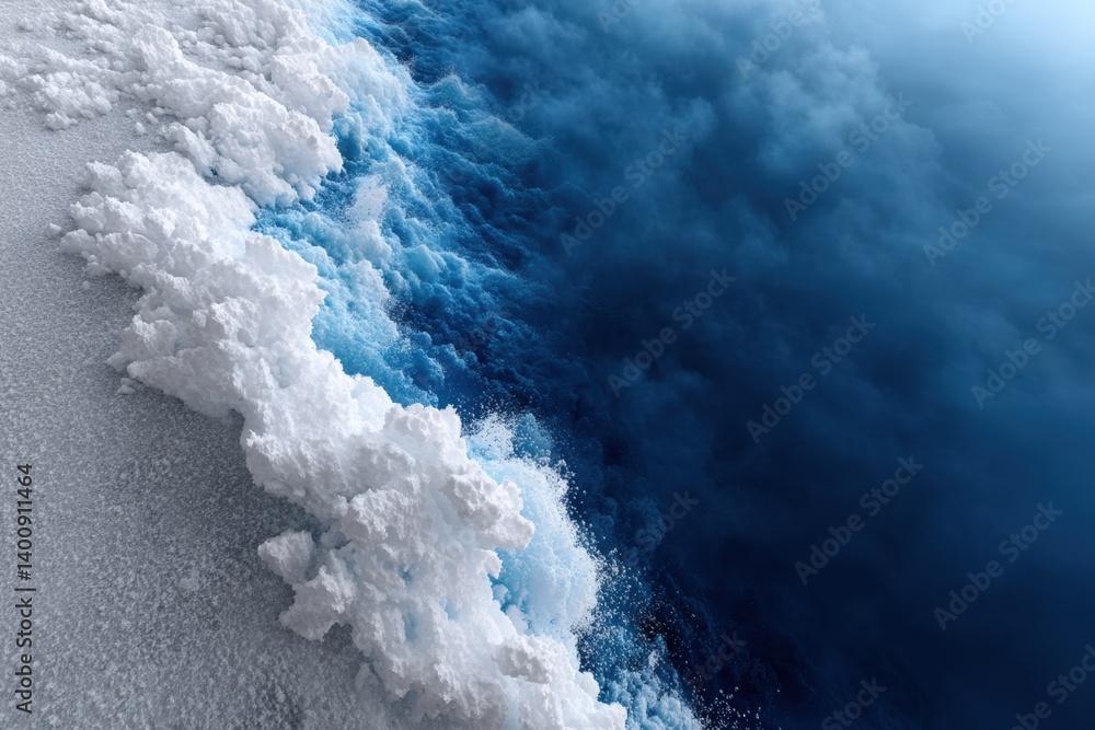 Poster waves crashing on sandy shoreline creating frothy foam against a calm ocean backdrop at twilight