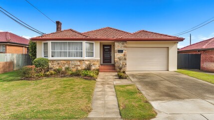 Fototapeta premium A nice suburban house with a stone front on a sunny day