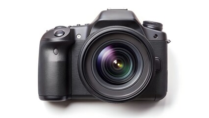 Photo of a modern black DSLR camera isolated over a white background, cutout photography  design elements, flat lay/ top view with subtle shadow.