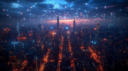 Obraz premium Futuristic cityscape at night with network connections and vibrant lights