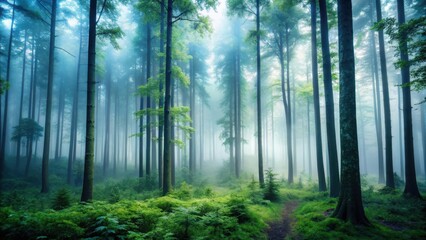 Naklejka premium A dense foggy forest with tall trees and misty atmosphere, nature, trees