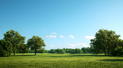 Obraz premium Wide Shot Of Green Meadow And Trees Under Sunny Blue Sky