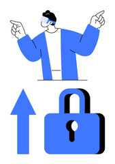 Person wearing VR headset pointing energetically, blue arrow symbolizing progression, and padlock reflecting data security. Ideal for technology, innovation, virtual reality, security, progress