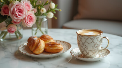 A marble table is adorned with a beautifully crafted cup of coffee beside a plate of golden pastries. A vase of fresh pink roses adds charm to the cozy atmosphere