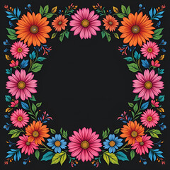 Frame floral round wreath of yellow red flowers on black and orange background.