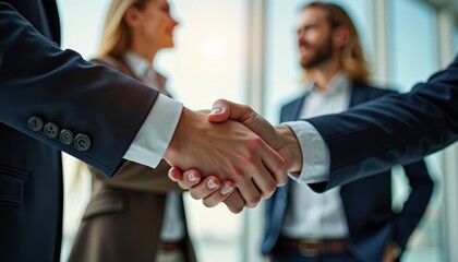 Business professionals engaging in a handshake during a meeting in a modern office setting at sunset