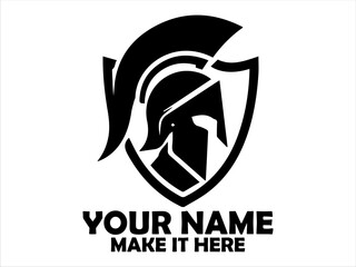Stylized black and white emblem featuring a Spartan helmet silhouette within a shield shape. Warrior concept, spartan logo vector design