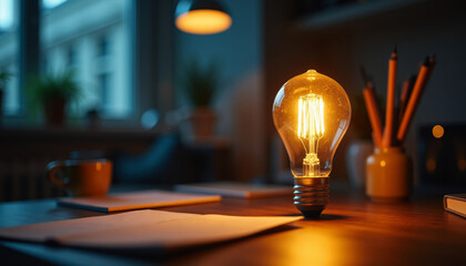 Warm glow of Edison light bulb illuminates cozy workspace in evening setting with notebooks and coffee cup