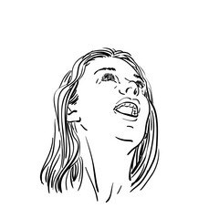 Hand drawn sketch of a woman's head tilted upward with an open mouth expressing joy freedom or emotion. Black and white line art isolated on a white background