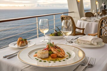 Enjoying a gourmet meal and wine on a luxurious cruise, with stunning ocean views during a sunset.