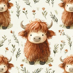 Charming Watercolor Pattern of Highland Cattle with Floral Accents Adorable © Biancaart