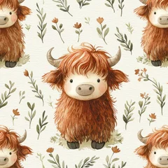 Charming Watercolor Pattern of Highland Cattle with Floral Accents Adorable © Biancaart