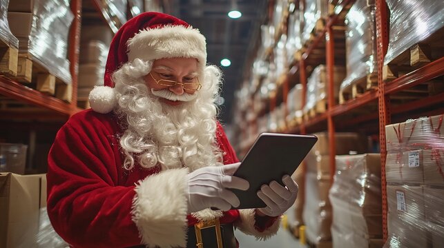 Santa Claus managing online Christmas orders checking inventory a tablet in a digital warehouse