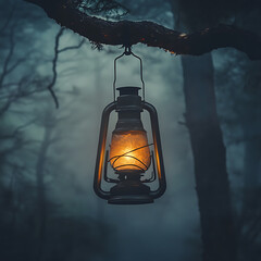An antique kerosene lantern hangs from a tree branch in a dark, mysterious forest, casting a warm, inviting glow against the moody, atmospheric backdrop. The scene evokes a sense of adventure, 