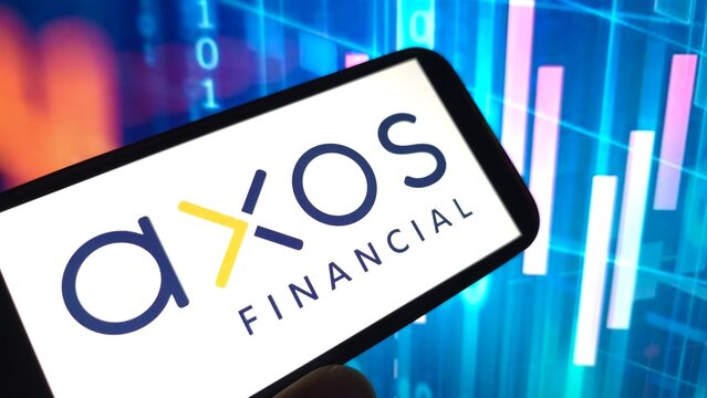 Konskie, Poland - April 06, 2025: Axos Financial company logo displayed on mobile phone