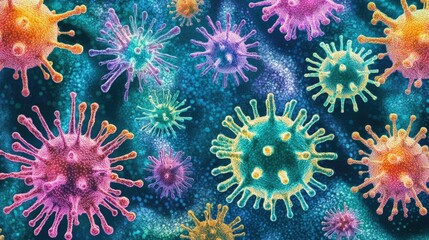 Close-up digital illustration of vibrant bacteria and viruses found in HVAC systems.