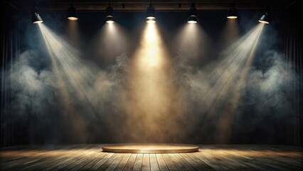 A dimly lit empty stage with a single spotlight shining down, surrounded by a haze of smoke and darkness, theater interior, dramatic lighting
