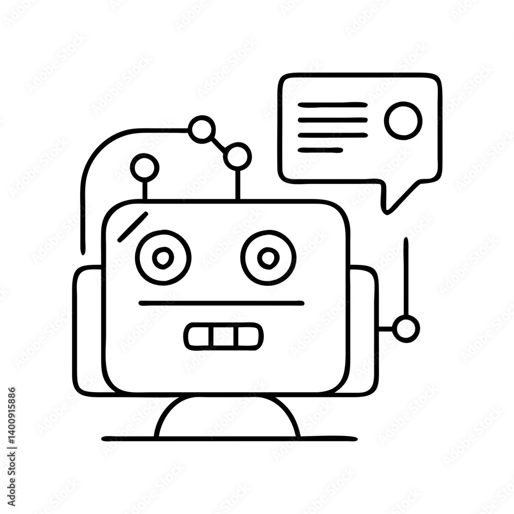 Poster a simple line drawing of a robot communicating information through a chat bubble
