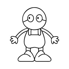 A simple line drawing of a cute cartoon robot wearing overalls and big glasses