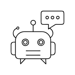 A simple line drawing of a friendly robot communicating with a speech bubble