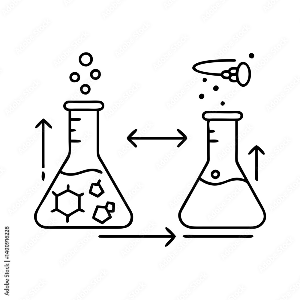 Poster chemical reaction in erlenmeyer flasks showing molecular transformation and volume change