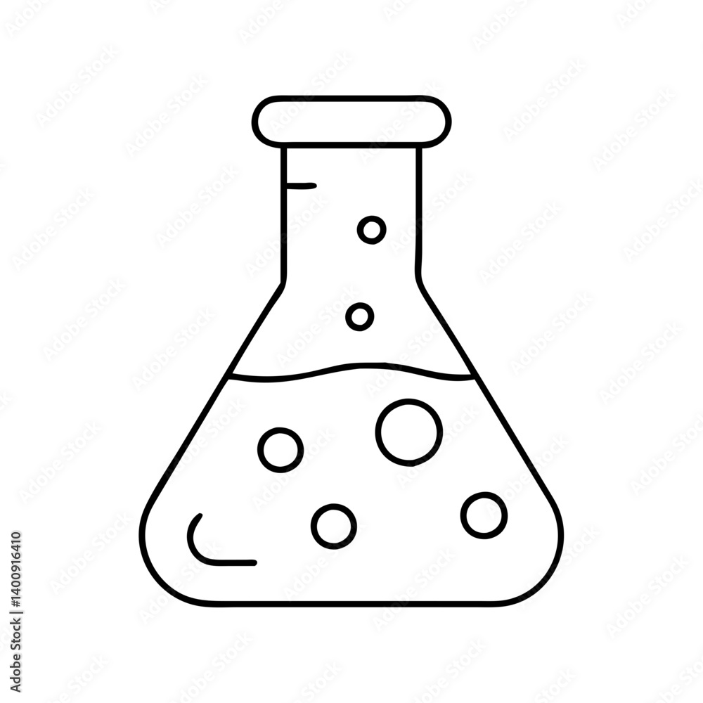 Poster a simple line drawing of an erlenmeyer flask filled with liquid and bubbles