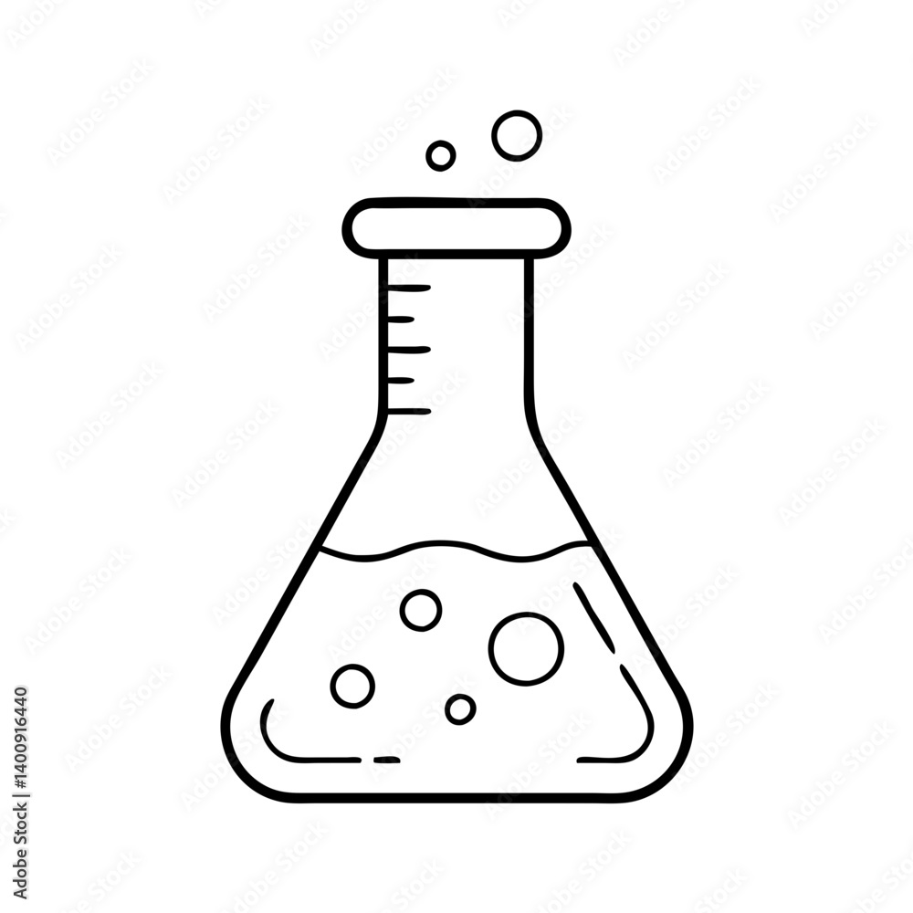 Poster a simple line drawing of a science erlenmeyer flask with bubbles