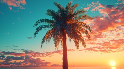 Obraz premium Sunset Serenity A Palm Tree Silhouette Against a Vibrant Ocean Sky