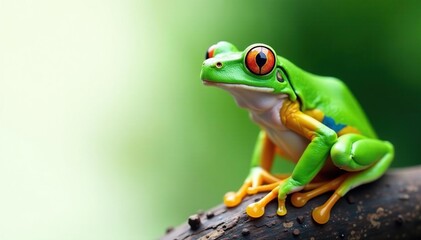 Green tree frog perched on white, vibrant colors, wildlife, eyes, isolated
