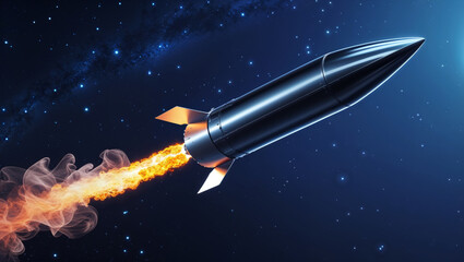 Fototapeta premium A detailed view of a rocket taking off into the starry night sky with flames.