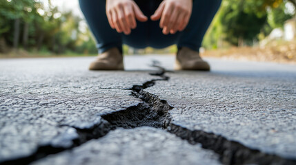 Man Sitting on His Feet Over a Crack on the Road