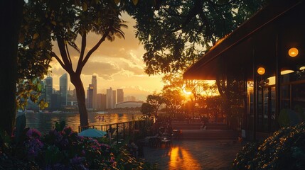 Fototapeta premium Golden Hour Serenity: Singapore Skyline at Sunset