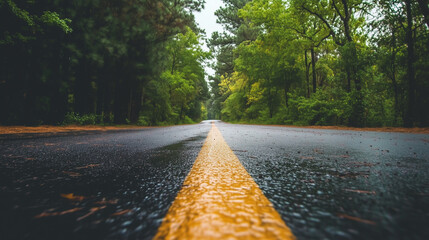 Rainy Empty Road In Forest Closeup