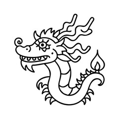 A whimsical line drawing of a cute Chinese dragon with a flame tail