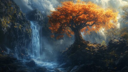 Fototapeta premium Autumnal Waterfall and Majestic Tree: A Digital Painting