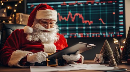 Santa Claus reviewing Christmas sales reports stylish office a digital stock market screen behind him