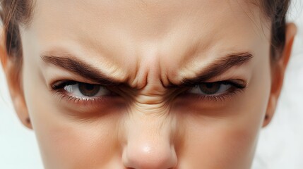 Close-up of a person's face expressing anger, with furrowed brows and intense eye contact conveying a feeling of frustration or annoyance.