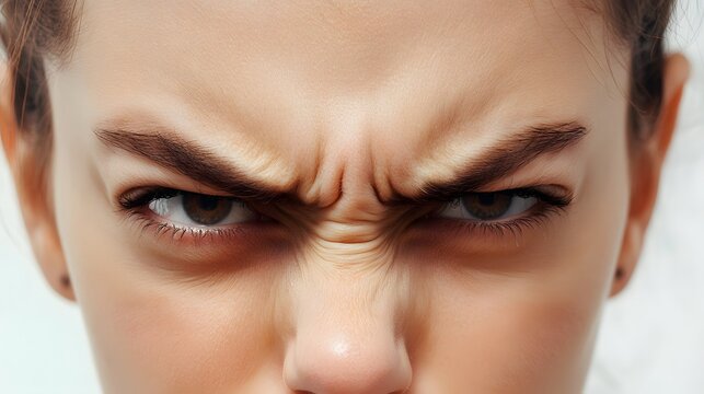 Close-up of a person's face expressing anger, with furrowed brows and intense eye contact conveying a feeling of frustration or annoyance.