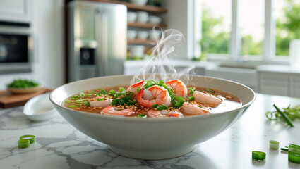 A close-up of a steaming bowl of shrimp soup, featuring fresh green garnishes and sesame seeds.