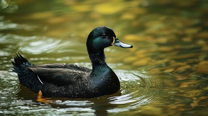 Obraz premium A Stunning Black Duck Majestically Floating on Calm Water