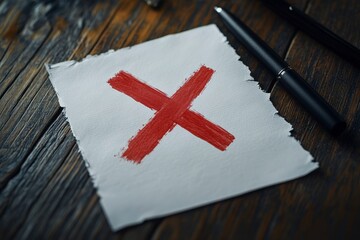 Red painted X on textured torn white paper placed on rustic wooden background, symbolizing error, mistake, rejection, or incorrect decision with artistic brushstroke style.