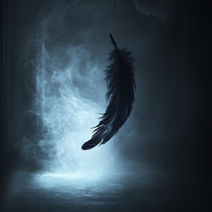 Single black feather suspended in a dark, smoky atmosphere, creating a mysterious and moody ambiance. The feather hangs delicately against a backdrop of swirling blue-grey smoke, 