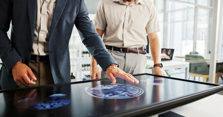 People, hands and screen with brain scan, xray or medical exam for neurology study in office. Health business, neurologist or surgeon for interactive display in discussion for MRI, CT or test results