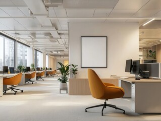 Modern open-plan office space with warm tones and natural light.  Empty blank canvas on wall