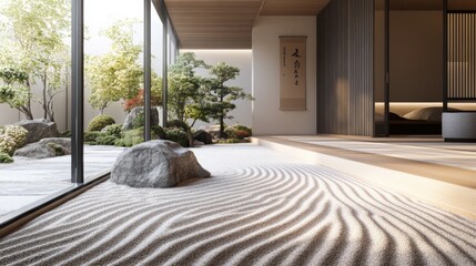 Fototapeta premium Minimalist Japanese zen garden with soft sand textures and an open area for text