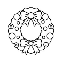 A Simple Line Drawing of a Christmas Wreath with Bows and Ornaments