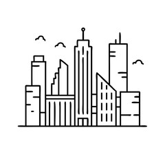 A Simple Line Drawing of a Modern City Skyline with Tall Buildings and Clouds