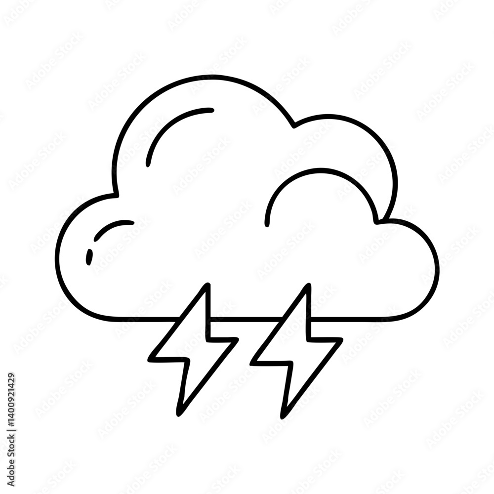 Poster a simple line drawing of a thundercloud with two lightning bolts